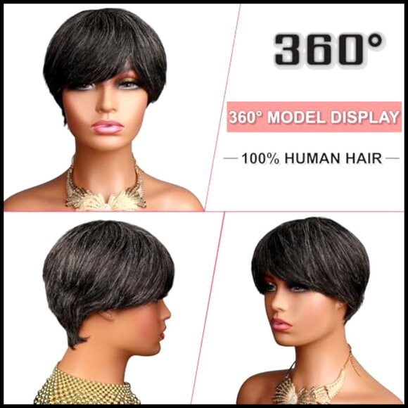 Short Pixie Cut Wig Virgin Human Hair Glueless Wear and Go Layered Bangs